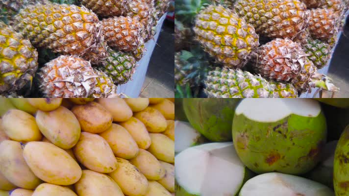 热带水果椰子菠萝芒果摆摊堆积