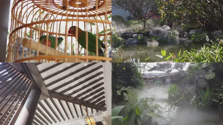 中式庭院园林凉亭水池水雾倒影小桥流水