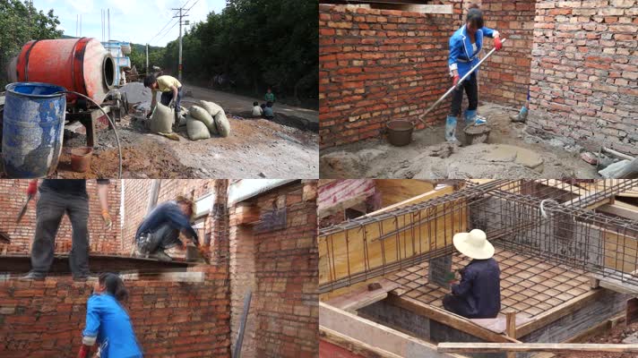 农民工修建房子干活视频砌砖拌沙灰扎钢筋