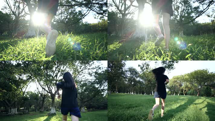 女孩在公园草地奔跑背影
