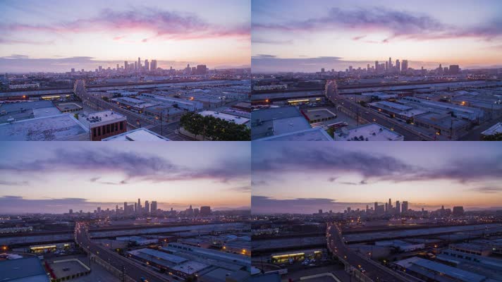 航拍日落黄昏下的洛杉矶市中心景观
