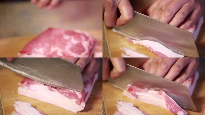 厨师用菜刀案板切五花肉 (1)
