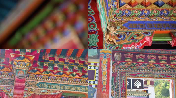 藏传佛教寺庙彩色华丽木雕装饰建筑风格
