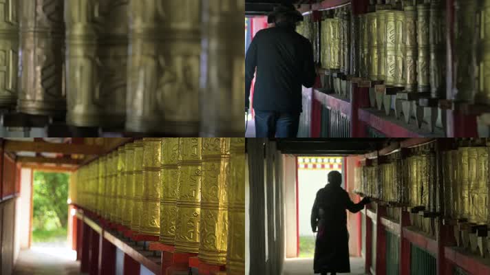 藏传佛教寺庙僧人转经筒长廊行走