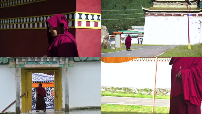 藏传寺庙僧人喇嘛行走背影一组1
