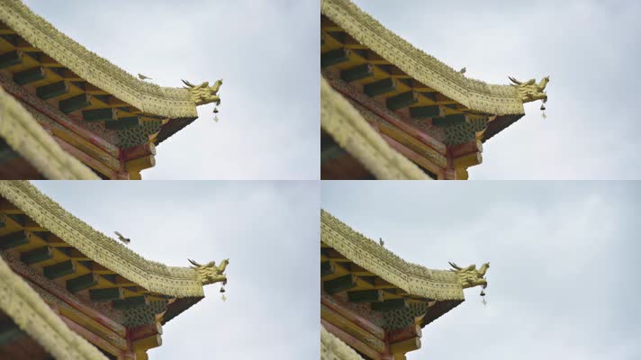升格藏传佛教寺庙房檐装饰风铃小鸟飞起