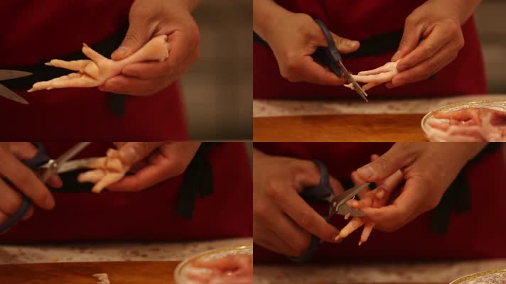 厨师用剪刀给鸡爪子剔骨 (3)
