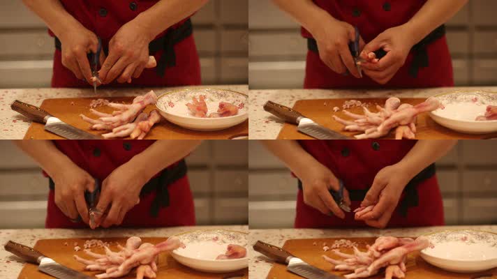 厨师用剪刀给鸡爪子剔骨 (2)