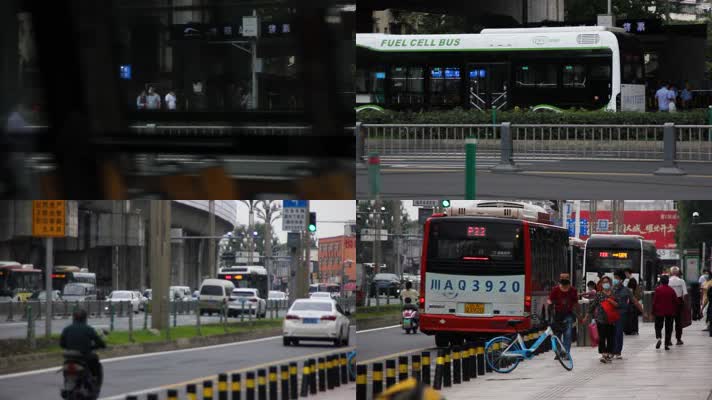 实拍街道人流车流等车路人红绿灯上下班公交