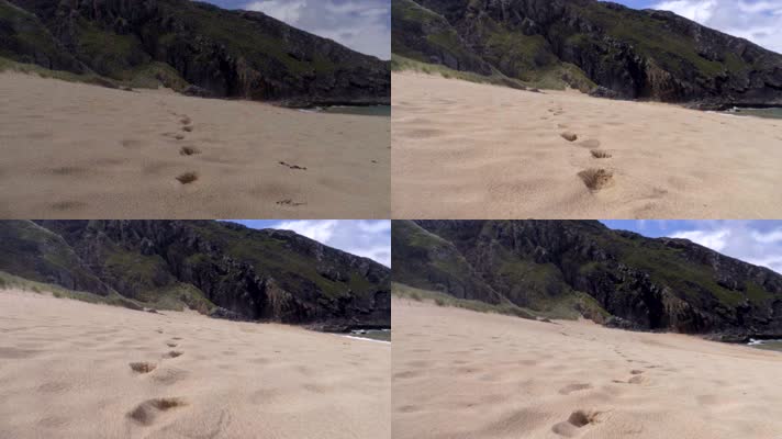 大海沙滩脚印4K实拍