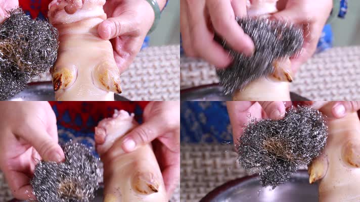 水盆钢丝球清洗猪蹄 (4)