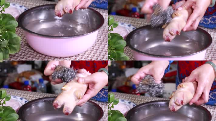 水盆钢丝球清洗猪蹄 (5)