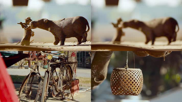 老物件视频一组乡村物品旧自行车石磨竹篮
