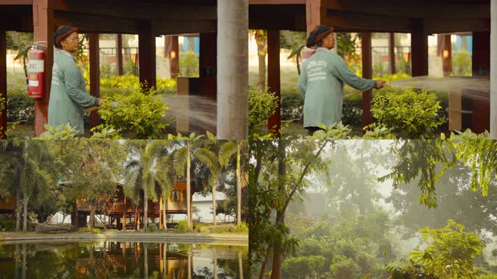 泰国旅游视频泰国农村给植物浇水园丁