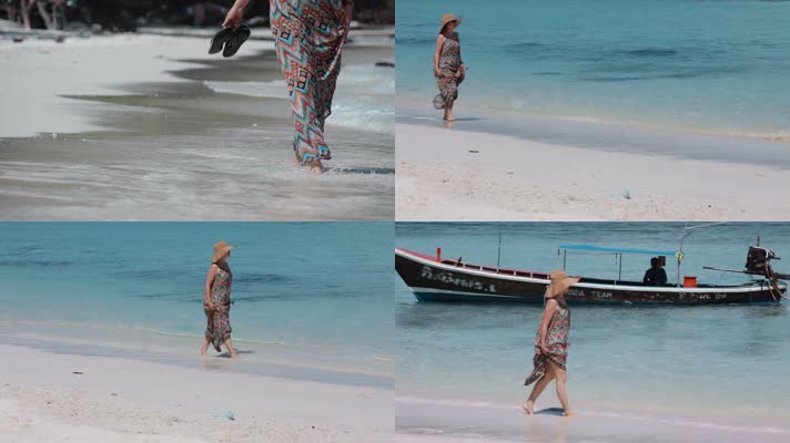 泰国旅游视频泰国海滩上一个踏浪的女游客