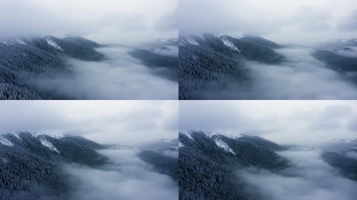 航拍冬季森林和山脉上方的云层