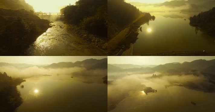 小桥视频冬季早晨金色朝阳逆光小桥湖水