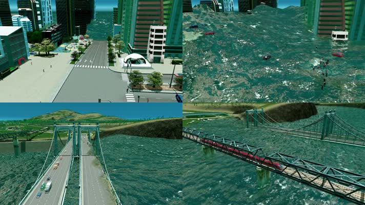 灾难灾害海啸淹没城市桥梁-3D