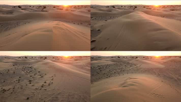 日落时飞越沙丘的航拍视频