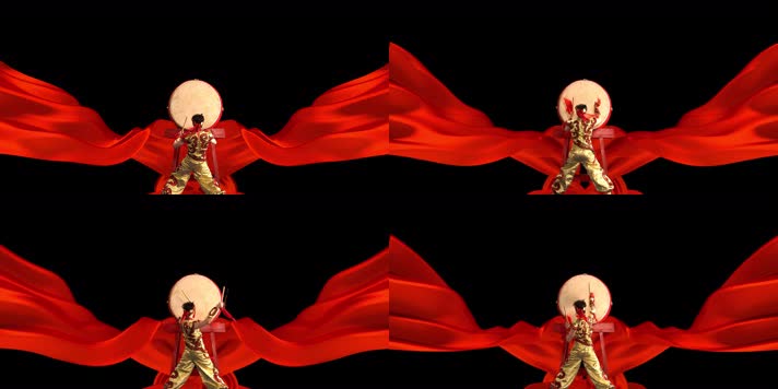 真人打鼓红绸飘扬通道素材