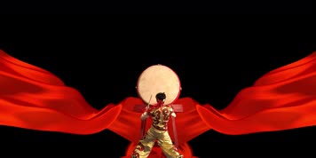 真人打鼓红绸飘扬通道素材