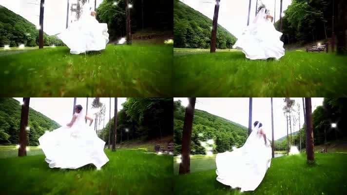 草地上穿着婚纱奔跑的女子