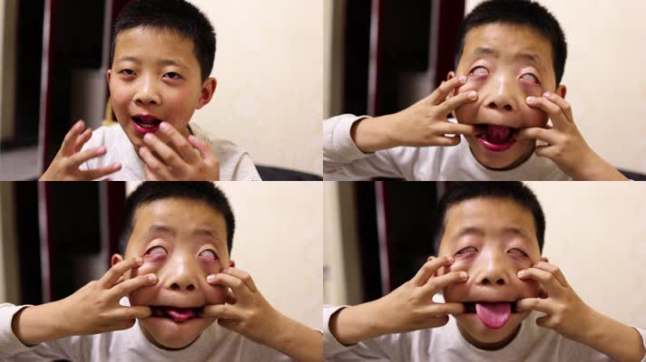 4K 万圣节扮鬼脸恶作剧的小男孩