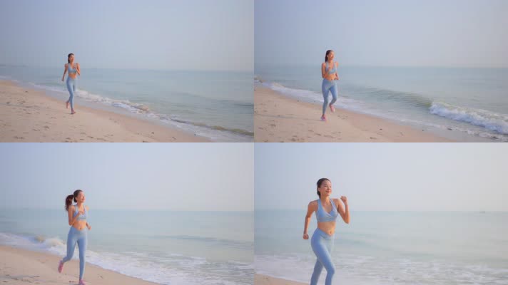 【4K】年轻女孩在海边慢跑
