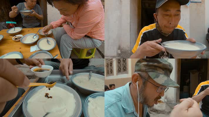 云南古镇游客品味农家豆花豆腐豆浆美食视频