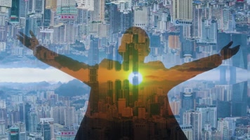 双重曝光企业宣传片展示商务人事人物剪影