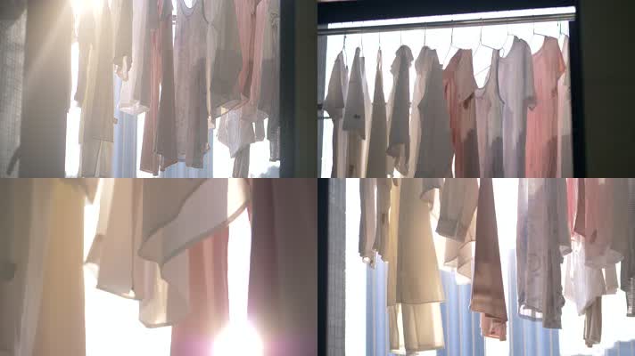 阳台晾晒在阳光下的衣服4k