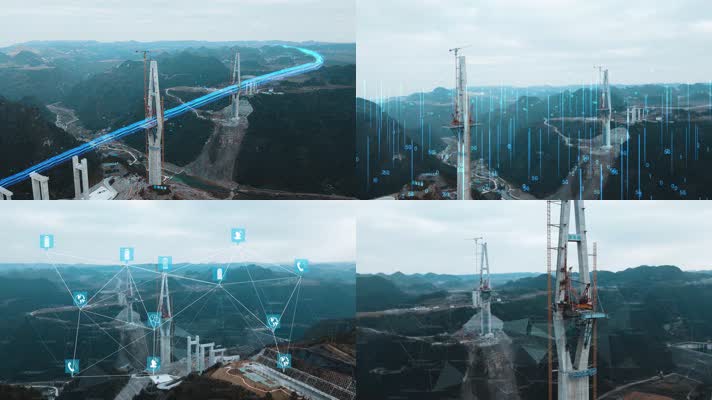 航拍科技感大桥特效粒子桥梁建设高速公路