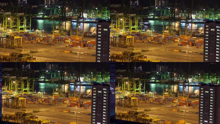 集装箱货运码头，码头夜景延时