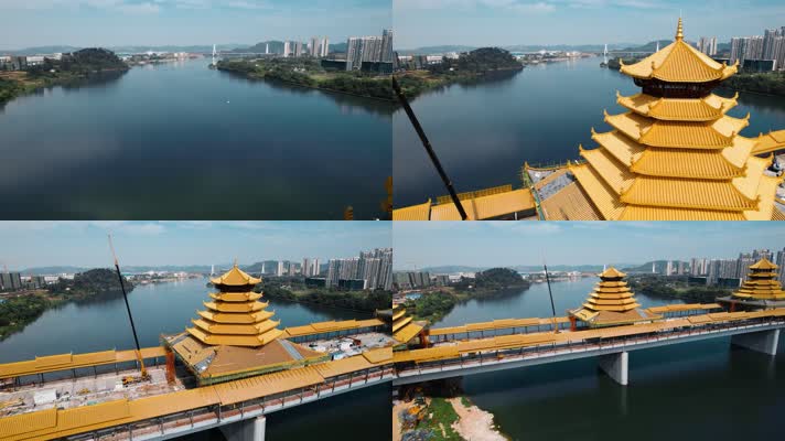 广西柳州凤凰岭大桥建设中风雨亭金色塔顶