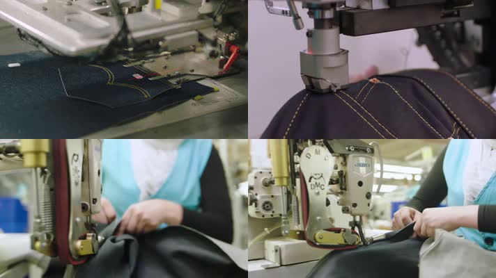 牛仔裤加工厂，缝纫机裁缝布料