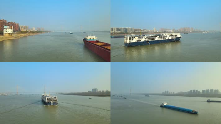 航拍安庆市繁忙的长江航道和来往的船只