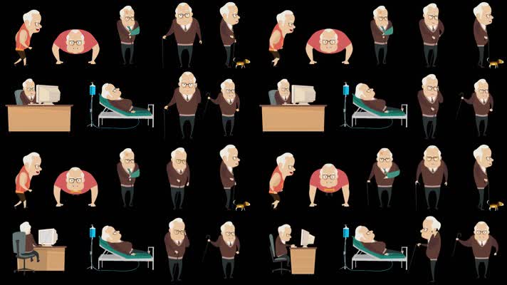 MG动画人物老爷爷生病运动遛弯马拉松工作退