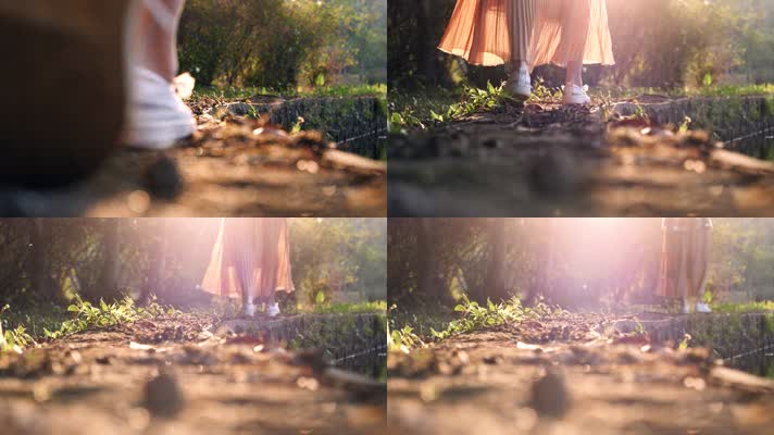 穿百褶裙的女孩在阳光下行走背影视频素材