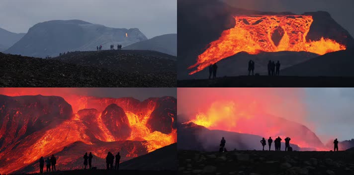 火山爆发，游客参观熔岩飞溅