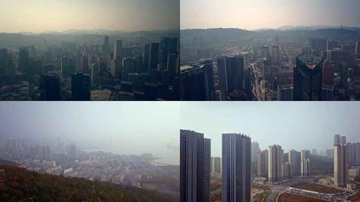 原创航拍雾霾中的现代都市
