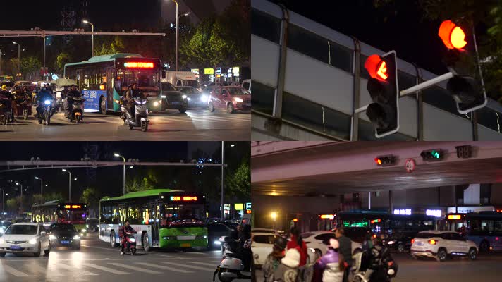 夜景街上人行人-过马路-横穿马路 红绿灯
