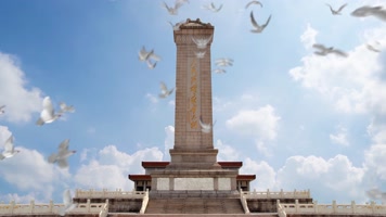 大气人民英雄纪念碑白鸽飞翔蓝天白云和平鸽