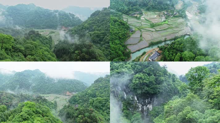 航拍青山绿水田园溪水房舍