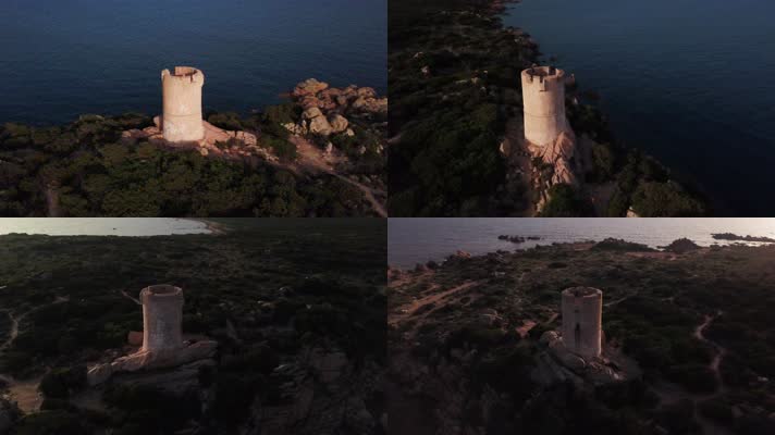 日落时分，无人机在科西嘉岛的热那亚塔上空