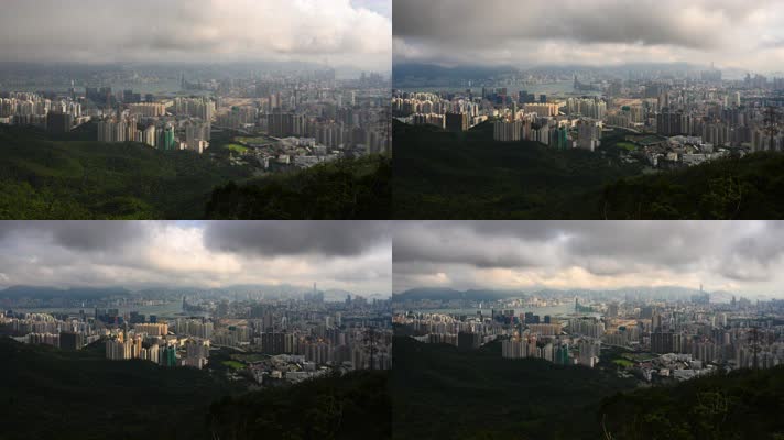 香港维多利亚港的鸟瞰图，从白天到晚上，在
