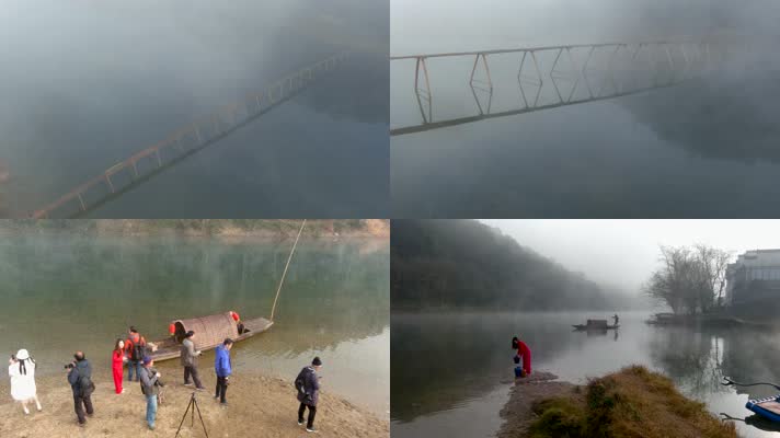4K航拍晨雾唯美百米木板桥