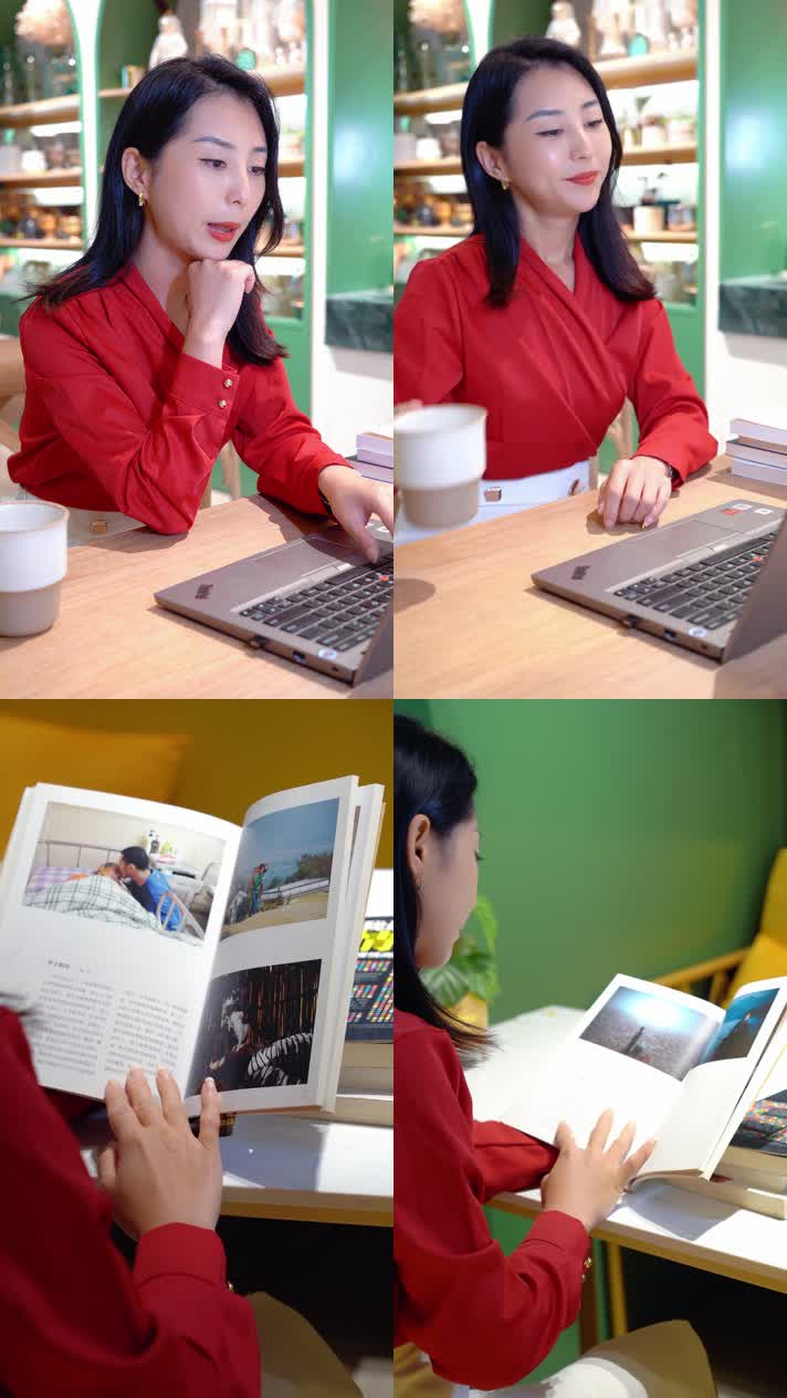 女子咖啡店写稿看书找资料伸懒腰(1)