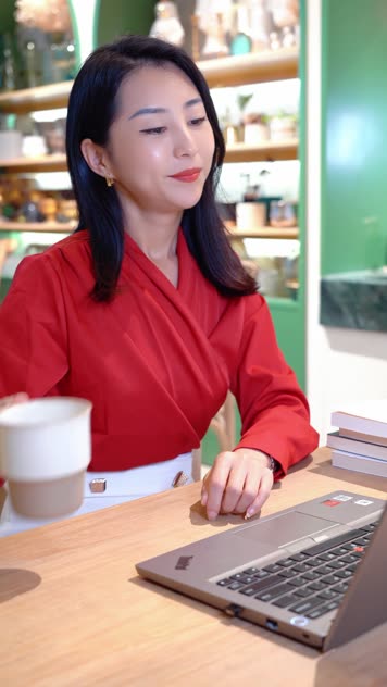 女子咖啡店写稿看书找资料伸懒腰(1)