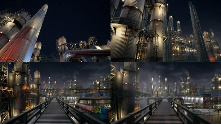 三维动画化工厂工业园区设施夜景