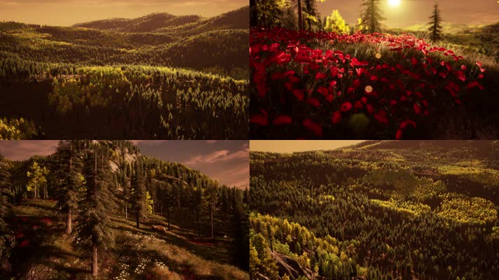 三维动画自然山林山脉夕阳美景
